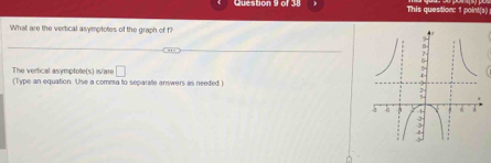 This question: 1 point(s) 
What are the vertical asymptotes of the graph of f? 
The vertical asymptole(s) is/are □ 
(Type an equation. Use a comma to separate answers as needed.)