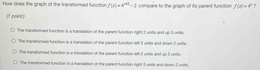 How does the graph of the transformed function f(x)=4^(x+5)-2 compare to the graph of its parent function f(x)=4^x ?
(1 point)
The transformed function is a translation of the parent function right 2 units and up 5 units.
The transformed function is a translation of the parent function left 5 units and down 2 units.
The transformed function is a translation of the parent function left 2 units and up 5 units.
The transformed function is a translation of the parent function right 5 units and down 2 units.