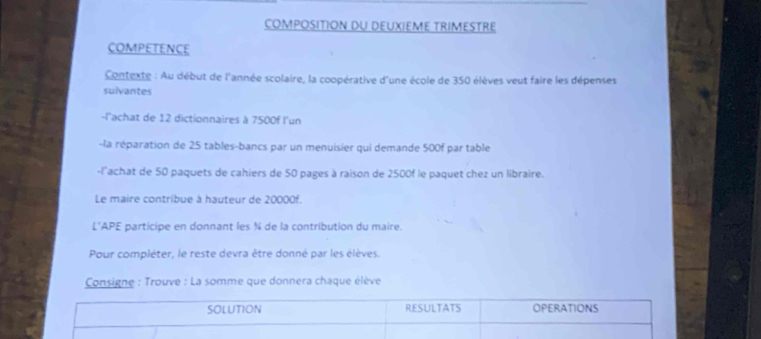 composition du deuxième trimestre 
COMPETENCE 
Contexte : Au début de l'année scolaire, la coopérative d'une école de 350 élèves veut faire les dépenses 
sulvantes 
-l'achat de 12 dictionnaires à 7500f l'un 
-la réparation de 25 tables-bancs par un menuisier qui demande 500f par table 
-l'achat de 50 paquets de cahiers de 50 pages à raison de 2500f le paquet chez un libraire. 
Le maire contribue à hauteur de 20000f. 
L'APE participe en donnant les % de la contribution du maire. 
Pour compléter, le reste devra être donné par les élèves. 
Consigne : Trouve : La somme que donnera chaque élève 
SOLUTION RESULTATS OPERATIONS