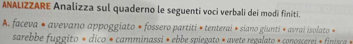 ANALIZZARE Analizza sul quaderno le seguenti voci verbali dei modi finiti. 
A. faceva • avevano appoggiato • fossero partiti • tenterai • siano giunti • avrai isolato • 
sarebbe fuggito • dico • camminassi • ebbe spiegato • avete regalato • conoscerei • finisca •