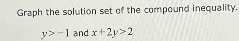 Graph the solution set of the compound inequality.
y>-1 and x+2y>2