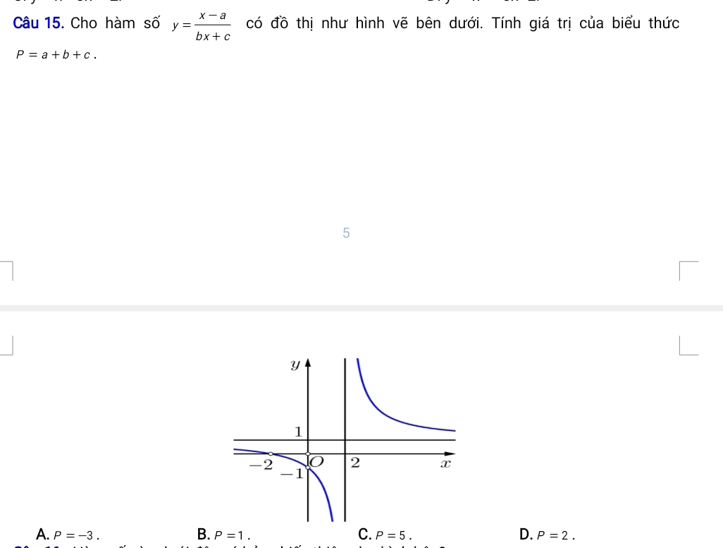 Cho hàm số y= (x-a)/bx+c  có đồ thị như hình vẽ bên dưới. Tính giá trị của biểu thức
P=a+b+c. 
5
B.
C.
D.
A. P=-3. P=1. P=5. P=2.