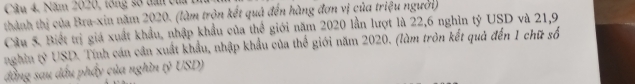 Câu 4, Năm 2020, lông số tan t 
thành thị của Bra-xin năm 2020. (làm tròn kết quả đến hàng đơn vị của triệu người) 
Câu 5. Biết trị giá xuất khẩu, nhập khẩu của thể giới năm 2020 lần lượt là 22, 6 nghĩn tỷ USD và 21,9
nghin (ỷ USD. Tính cán cần xuất khẩu, nhập khẩu của thể giới năm 2020. (làm tròn kết quả đến 1 chữ số 
đầng sau đấu phẩy của nghìn tỷ USD)