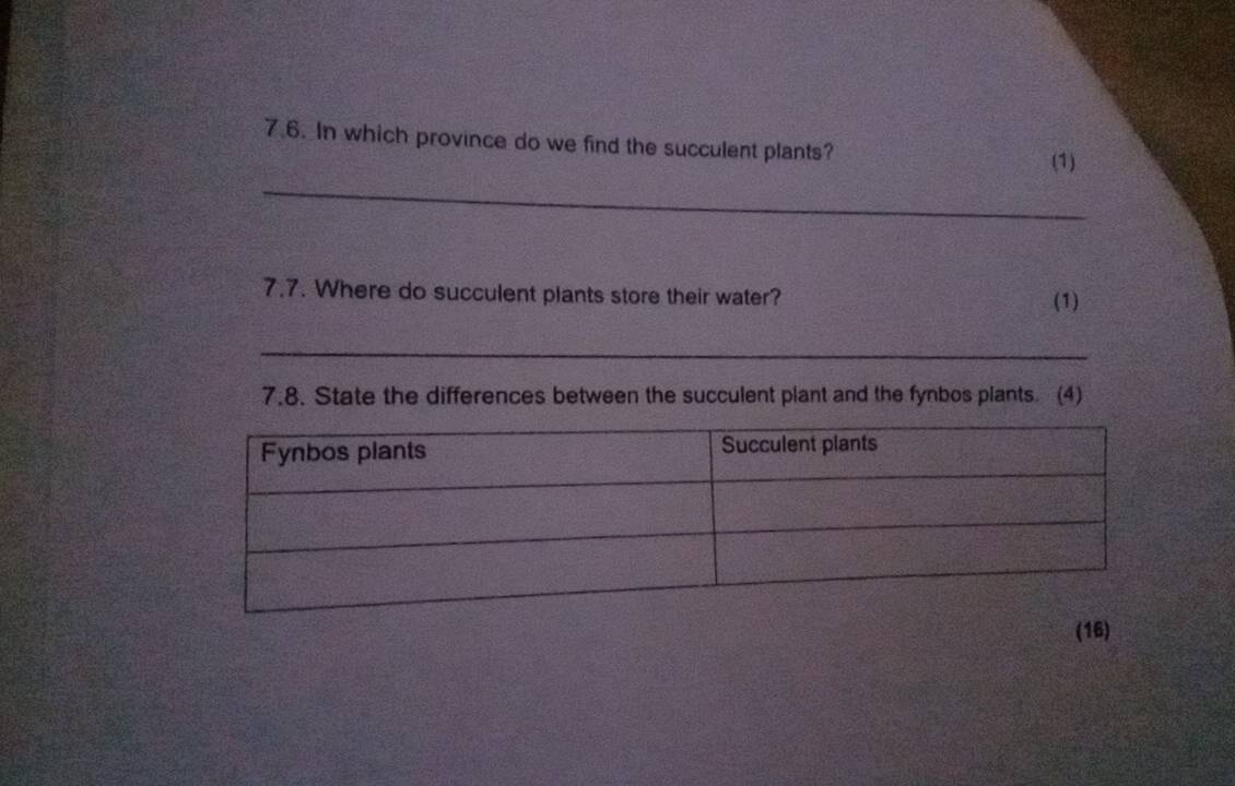 In which province do we find the succulent plants? 
(1) 
_ 
7.7. Where do succulent plants store their water? (1) 
_ 
7.8. State the differences between the succulent plant and the fynbos plants. (4) 
(16)