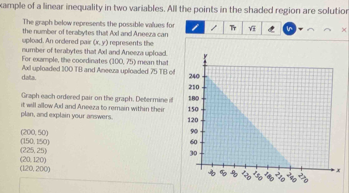 xample of a linear inequality in two variables. All the points in the shaded region are solutior
The graph below represents the possible values for
/ Tr sqrt(± ) 
the number of terabytes that Axl and Aneeza can
upload. An ordered pair (x,y) represents the
number of terabytes that Axl and Aneeza upload.
For example, the coordinates (100,75) mean that
Axl uploaded 100 TB and Aneeza uploaded 75 TB of
data. 
Graph each ordered pair on the graph. Determine if 
it will allow Axl and Aneeza to remain within their 
plan, and explain your answers.
(200, 50)
(150, 150)
(225, 25)
(20, 120)
(120, 200)