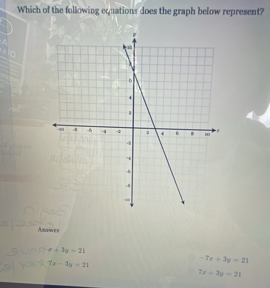 Which of the following equations does the graph below represent?
Answer
x+3y=21
7x-3y=21
-7x+3y=21
7x+3y=21