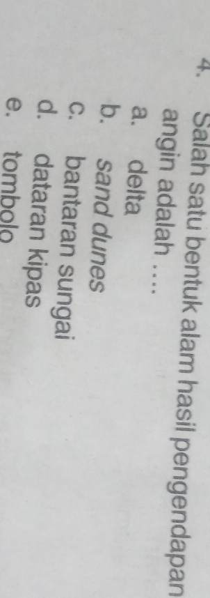 Salah satu bentuk alam hasil pengendapan
angin adalah ....
a. delta
b. sand dunes
c. bantaran sungai
d. dataran kipas
e. tombolo