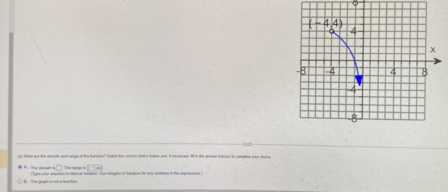 What are the domain and range of the function? Select the correct choice below and, if necessary, fill in the answer boe(es) to complete your choice
□ The range is (-1,∈fty )
A. The domain is (Type your answers in interval notation. Use integers or fractions for any numbers in the expressions )
(). The graph is not a function