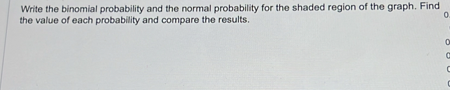 Write the binomial probability and the normal probability for the shaded region of the graph. Find 
the value of each probability and compare the results.
0
0
0
(