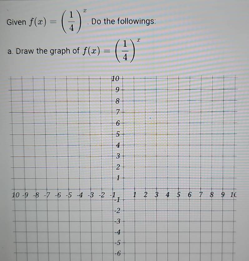 Given f(x)=( 1/4 )^x. Do the followings: 
a. Draw the graph of f(x)=( 1/4 )^x
-6