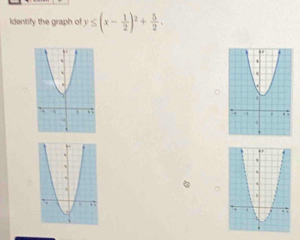 Identify the graph of y≤ (x- 1/2 )^2+ 5/2 .