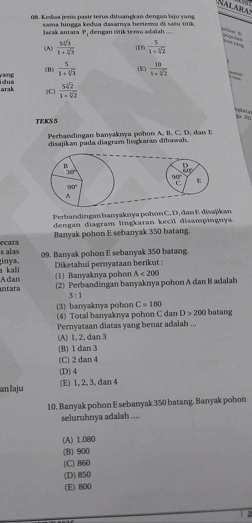 NALARAN
08. Kedua jenis pasir terus dituangkan dengan laju yang
sama hingga kedua dasarnya bertemu di satu titik.
Jarak antara P_1 dengan titik temu adalah ....
ambar di populasi hun yang
(A)  5sqrt[3](3)/1+sqrt[3](3)  (D)  5/1+sqrt[3](2) 
(B)  5/1+sqrt[3](3)  (E)  10/1+sqrt[3](2) 
yang
i dua
arak (C)  5sqrt[3](2)/1+sqrt[3](2) 
ngkatar
ga 202
TEKS 5
Perbandingan banyaknya pohon A, B, C, D, dan E
disajikan pada diagram lingkaran dibawah.
Perbandingan banyaknya pohon C, D, dan E disajikan
dengan diagram lingkaran kecil disampingnya.
Banyak pohon E sebanyak 350 batang.
ecara
s alas 09. Banyak pohon E sebanyak 350 batang.
ginya,
Diketahui pernyataan berikut :
a kali
Adan (1) Banyaknya pohon A<200</tex>
ntara (2) Perbandingan banyaknya pohon A dan B adalah
3:1
(3) banyaknya pohon C=180
(4) Total banyaknya pohon C dan D>200 batang
Pernyataan diatas yang benar adalah ...
(A) 1, 2, dan 3
(B) 1 dan 3
(C) 2 dan 4
(D) 4
(E) 1, 2, 3, dan 4
an laju
10. Banyak pohon E sebanyak 350 batang. Banyak pohon
seluruhnya adalah ....
(A) 1.080
(B) 900
(C) 860
(D)850
(E) 800
2