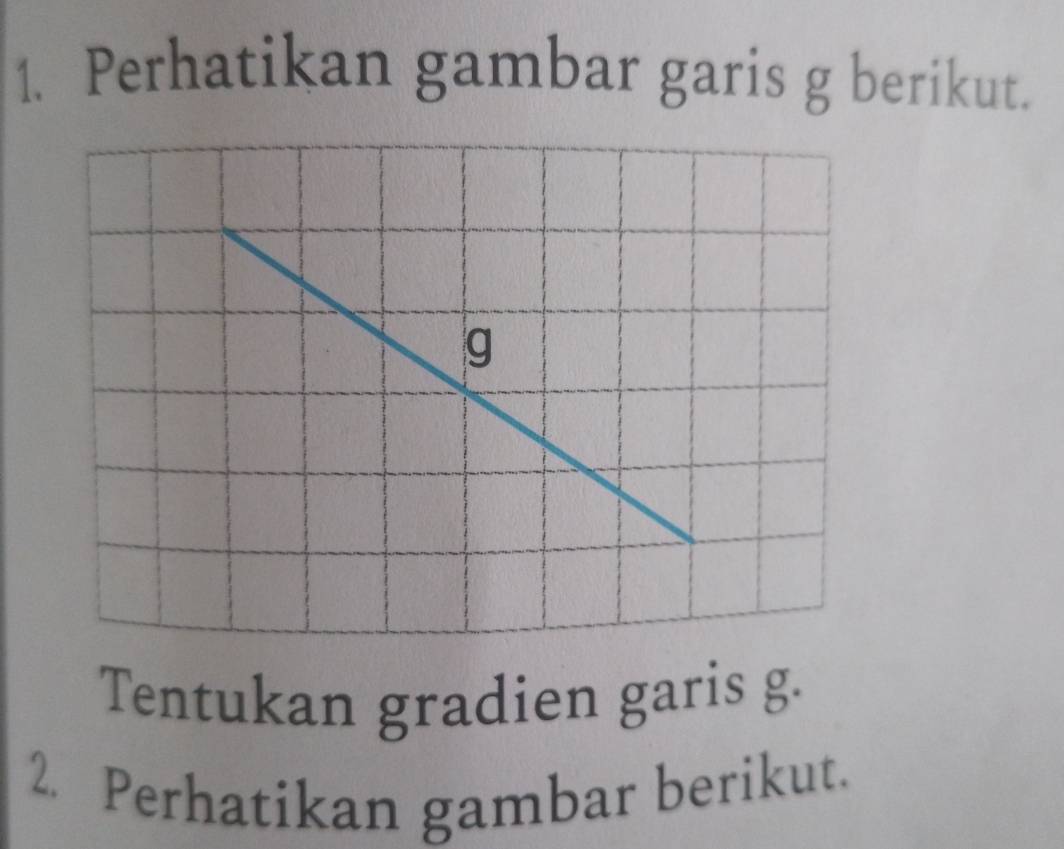 Perhatikan gambar garis g berikut.
g
Tentukan gradien garis g. 
2. Perhatikan gambar berikut.