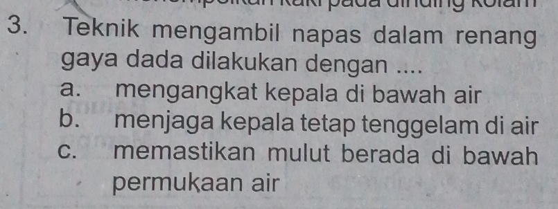 ak pada Gmnaing Rolam
3. Teknik mengambil napas dalam renang
gaya dada dilakukan dengan ....
a. mengangkat kepala di bawah air
b. menjaga kepala tetap tenggelam di air
c. memastikan mulut berada di bawah
permukaan air