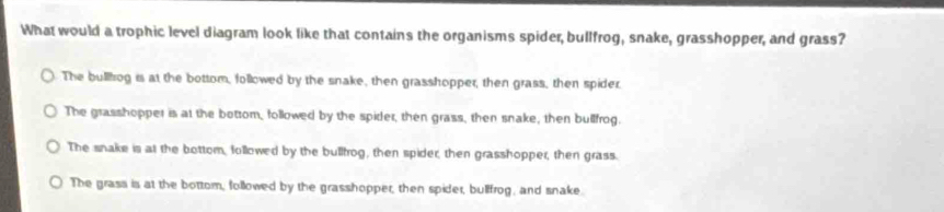 What would a trophic level diagram look like that contains the organisms spider, bullfrog, snake, grasshopper, and grass?
The bulllrog is at the bottom, followed by the snake, then grasshopper, then grass, then spider
The grasshopper is at the bottom, followed by the spider, then grass, then snake, then bullfrog.
The snake is at the bottom, followed by the bullfrog, then spider, then grasshopper, then grass.
The grass is at the bottom, followed by the grasshopper, then spider, bullfrog, and snake.