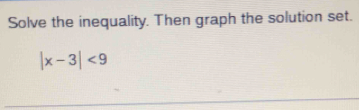 Solve the inequality. Then graph the solution set.
|x-3|<9</tex>