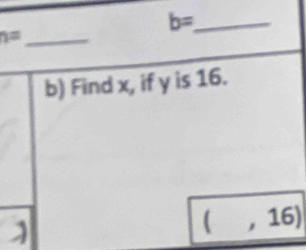 b= _ 
_ n=
b) Find x, if y is 16. 
( 16)