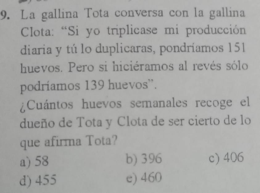 La gallina Tota conversa con la gallina
Clota: “Si yo triplicase mi producción
diaria y tú lo duplicaras, pondríamos 151
huevos. Pero si hiciéramos al revés sólo
podríamos 139 huevos”.
¿Cuántos huevos semanales recoge el
dueño de Tota y Clota de ser cierto de lo
que afirma Tota?
a) 58 b) 396 c) 406
d) 455 e) 460