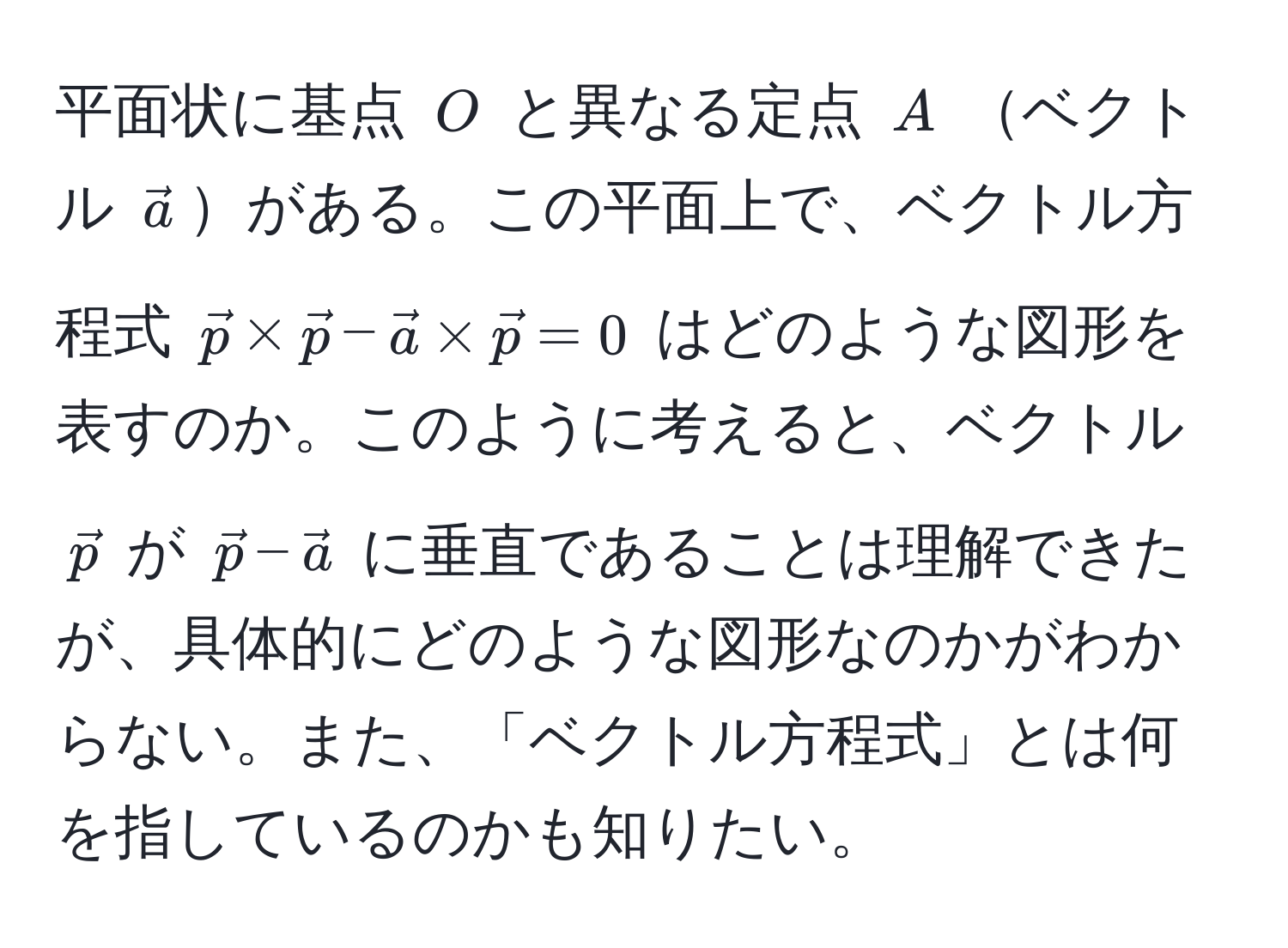 平面状に基点 ( O ) と異なる定点 ( A ) ベクトル ( veca )がある。この平面上で、ベクトル方程式 ( vecp * vecp - veca * vecp = 0 ) はどのような図形を表すのか。このように考えると、ベクトル ( vecp ) が ( vecp - veca ) に垂直であることは理解できたが、具体的にどのような図形なのかがわからない。また、「ベクトル方程式」とは何を指しているのかも知りたい。