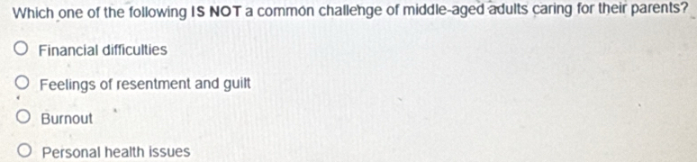 Which one of the following IS NOT a common challenge of middle-aged adults caring for their parents?
Financial difficulties
Feelings of resentment and guilt
Burnout
Personal health issues