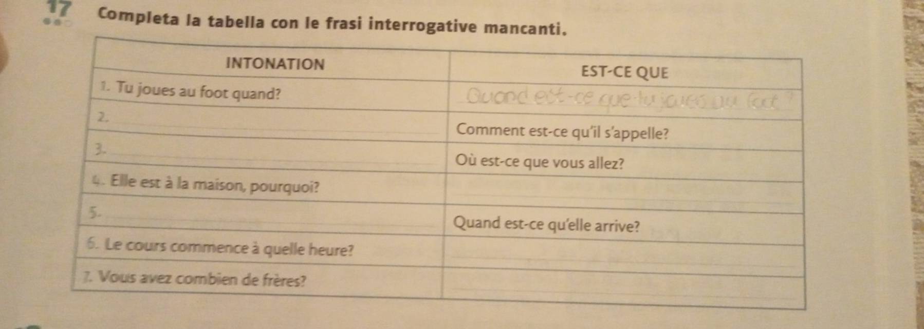 Completa la tabella con le frasi interrogative mancanti.