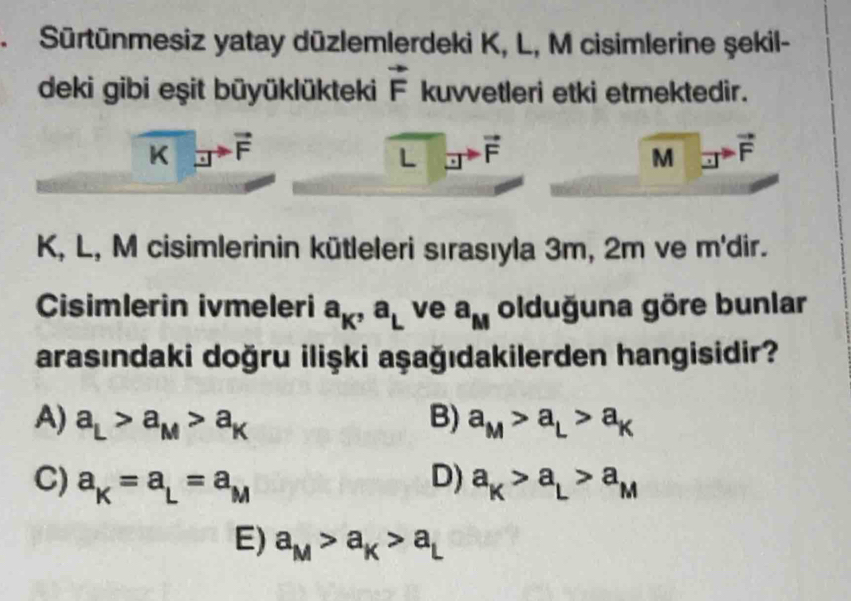 Sürtünmesiz yatay düzlemlerdeki K, L, M cisimlerine şekil-
deki gibi eşit büyüklükteki vector F kuvvetleri etki etmektedir.
K, L, M cisimlerinin kütleleri sırasıyla 3m, 2m ve m'dir.
Cisimlerin ivmeleri a_K,a_L ve a_M olduğuna göre bunlar
arasındaki doğru ilişki aşağıdakilerden hangisidir?
A) a_L>a_M>a_K B) a_M>a_L>a_K
C) a_K=a_L=a_M D) a_K>a_L>a_M
E) a_M>a_K>a_L