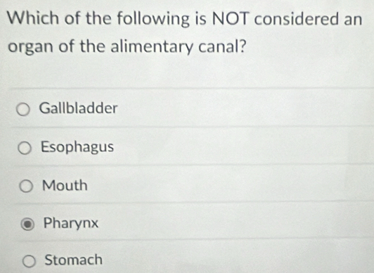 Which of the following is NOT considered an
organ of the alimentary canal?
Gallbladder
Esophagus
Mouth
Pharynx
Stomach