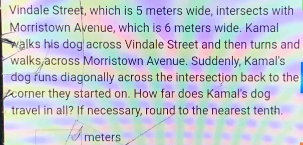 Vindale Street, which is 5 meters wide, intersects with 
Morristown Avenue, which is 6 meters wide. Kamal 
walks his dog across Vindale Street and then turns and 
walks across Morristown Avenue. Suddenly, Kamal's 
dog runs diagonally across the intersection back to the
Z corner they started on. How far does Kamal's dog 
travel in all? If necessary, round to the nearest tenth.
meters