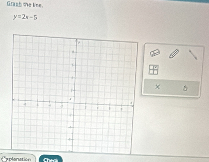 Graph the line.
y=2x-5
× 
Explanation Check