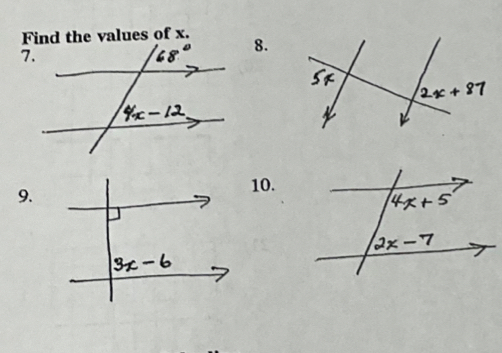 Find the values of x.8. 
7. 
9. 
10.