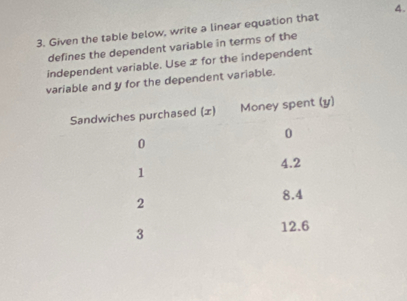 Given the table below, write a linear equation that 
defines the dependent variable in terms of the 
independent variable. Use x for the independent 
variable and y for the dependent variable.