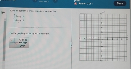 Save 
Solve the system of linear equations by graphing
beginarrayl 3x+y=0 6x-y=9endarray.
Use the graphing tool to graph the system 
enlarge Click to 
graph