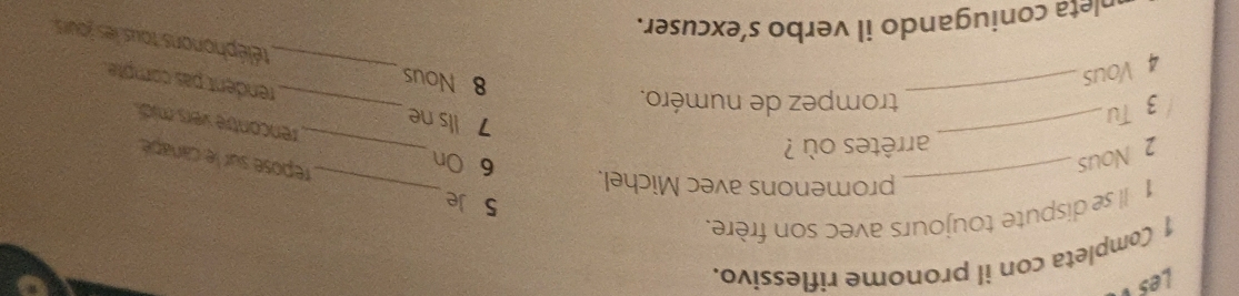 Les 
1 Completa con il pronome riflessivo. 
_ 
1 Il se dispute toujours avec son frère. 
5 Je 
_promenons avec Michel. 
_ 
2 Nous 
6 On 
_ 
repose sur le canapé 
arrêtes où ? 
_ 
rencontre vers mid 
3 Tu
7 lls ne 
_ 
trompez de numéro. 
rendent pas comple. 
4 Vous 
8 Nous_ téléphonons tous les jours 
pleta coniugando il verbo s’excuser.