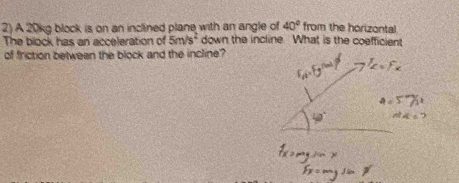 A 20kg block is on an inclined plane with an angle of 40° from the horizontal 
The block has an acceleration of 5m/s^2 down the incline What is the coefficient 
of friction between the block and the incline?