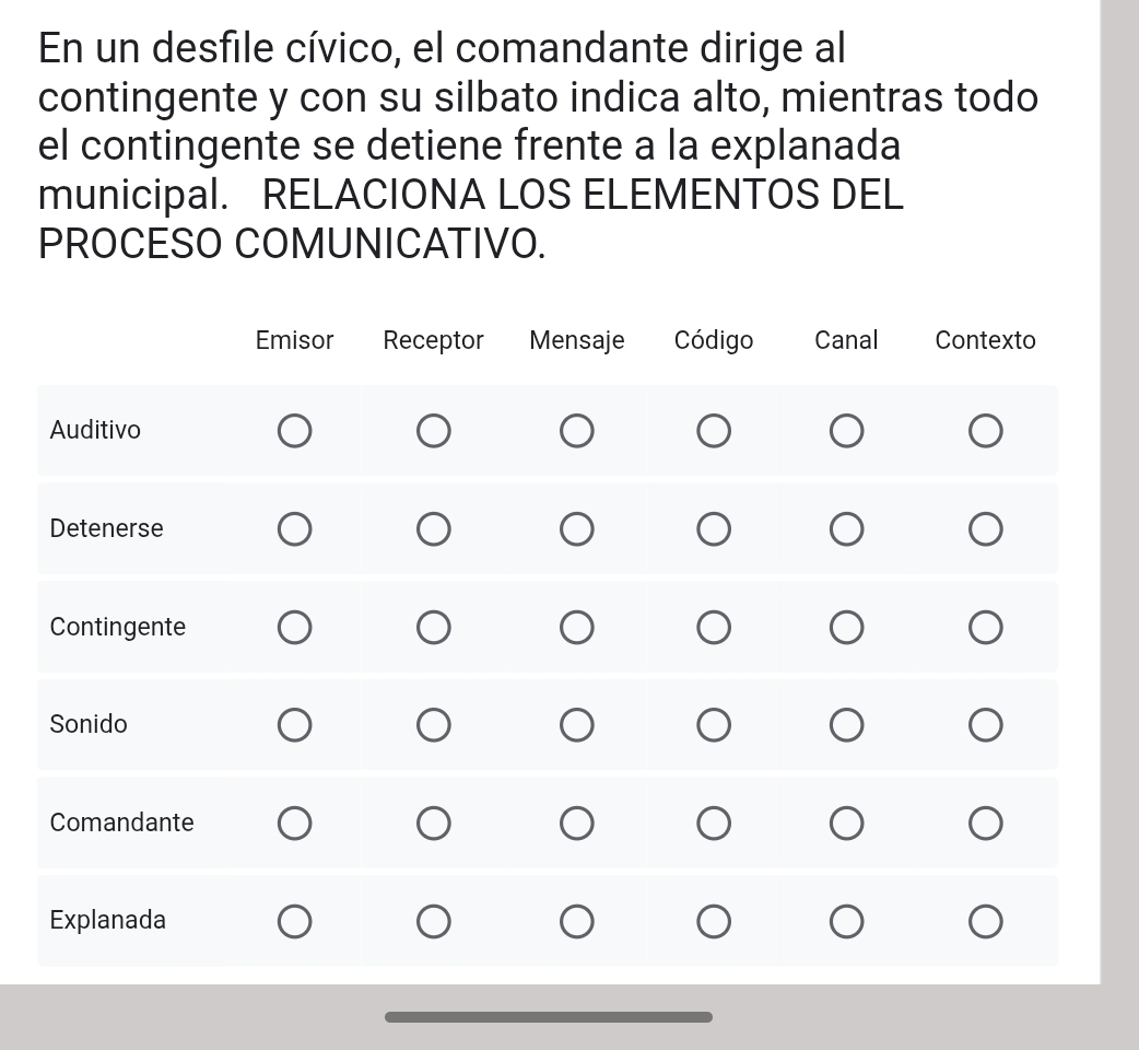 En un desfile cívico, el comandante dirige al 
contingente y con su silbato indica alto, mientras todo 
el contingente se detiene frente a la explanada 
municipal. RELACIONA LOS ELEMENTOS DEL 
PROCESO COMUNICATIVO.