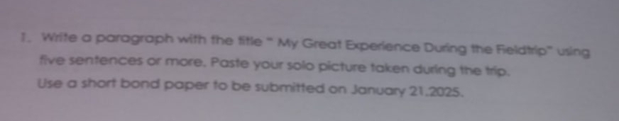 Write a paragraph with the title “ My Great Experience During the Fieldtrip using 
five sentences or more. Paste your solo picture taken during the trip. 
Use a short bond paper to be submitted on January 21.2025.