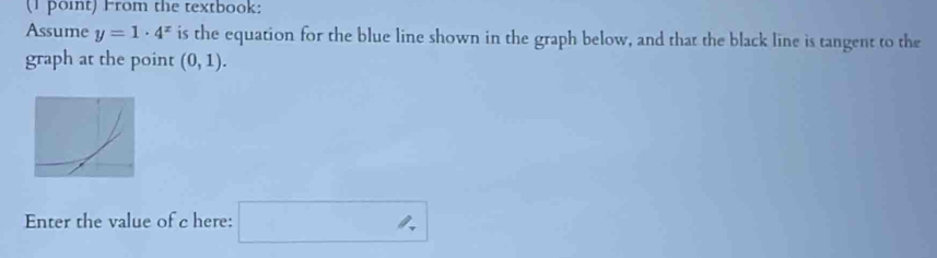 From the textbook: 
Assume y=1· 4^x is the equation for the blue line shown in the graph below, and that the black line is tangent to the 
graph at the point (0,1). 
Enter the value of c here: □