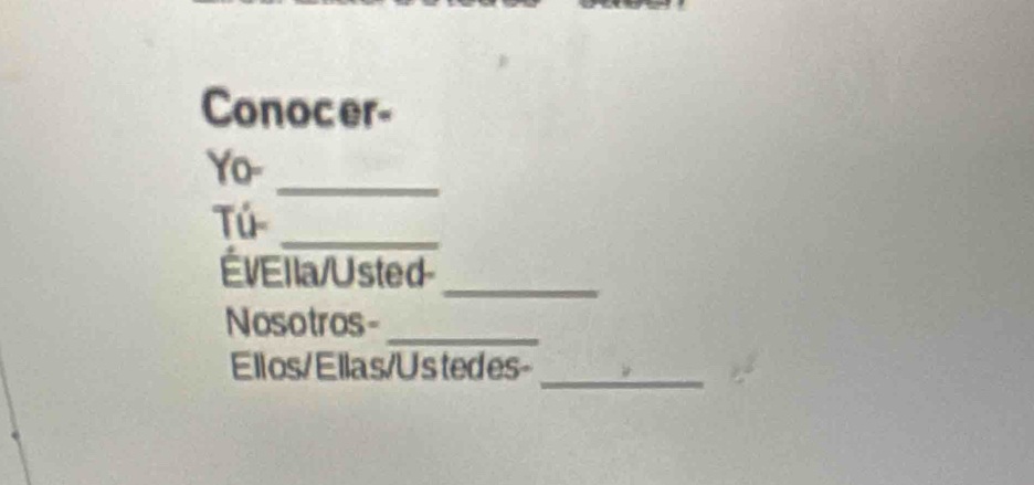 Conocer- 
Yo- 
_ 
Tú_ 
ÉVElla/Usted 
_ 
Nosotros-_ 
Ell os/ Ellas/Ustedes-_