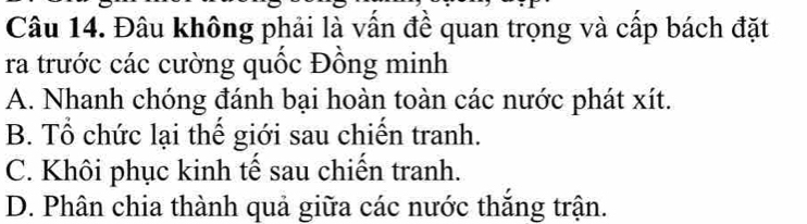 Đâu không phải là vấn đề quan trọng và cấp bách đặt
ra trước các cường quốc Đồng minh
A. Nhanh chóng đánh bại hoàn toàn các nước phát xít.
B. Tổ chức lại thể giới sau chiến tranh.
C. Khôi phục kinh tế sau chiến tranh.
D. Phân chia thành quả giữa các nước thắng trận.