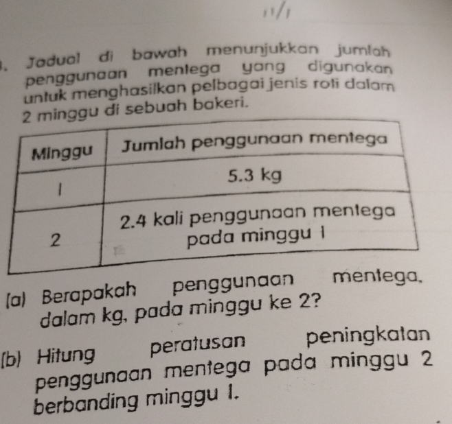 Jadual di bawah menunjukkan jumlah 
penggunaan mentega yang digunakan 
untuk menghasilkan pelbagai jenis roti dalam 
sebuah bakeri. 
(a) Berapakah pengguna 
dalam kg, pada minggu ke 2? 
(b) Hitung peratusan peningkatan 
penggunaan mentega pada minggu 2
berbanding minggu I.