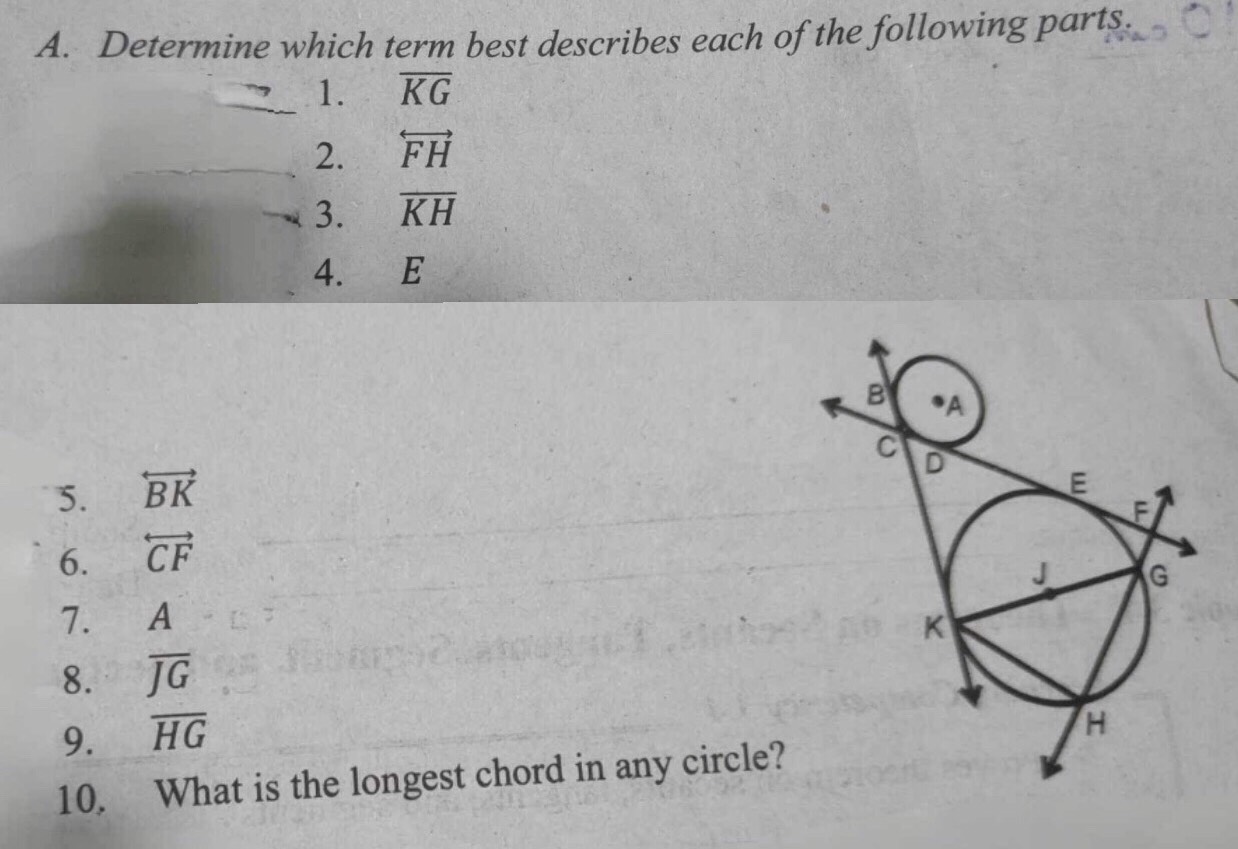 Determine which term best describes each of the following parts. 
1. overline KG
2. overleftrightarrow FH
3. overline KH
4. ₹E
5. overleftrightarrow BK
6. overleftrightarrow CF
7. A 
8. overline JG
9. overline HG
10. What is the longest chord in any circle?