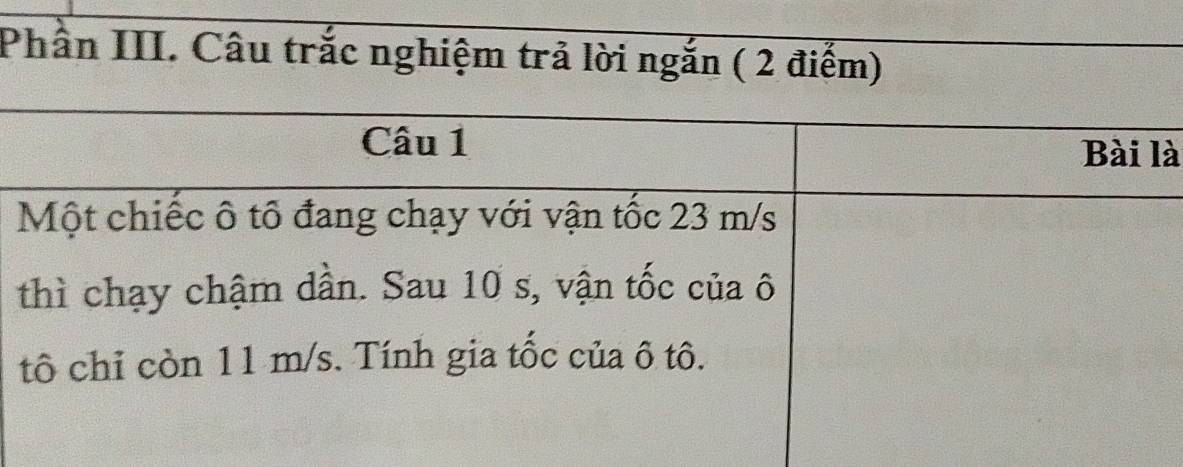 Phần III. Câu trắc nghiệm trả lời ngắn ( 2 điểm) 
à