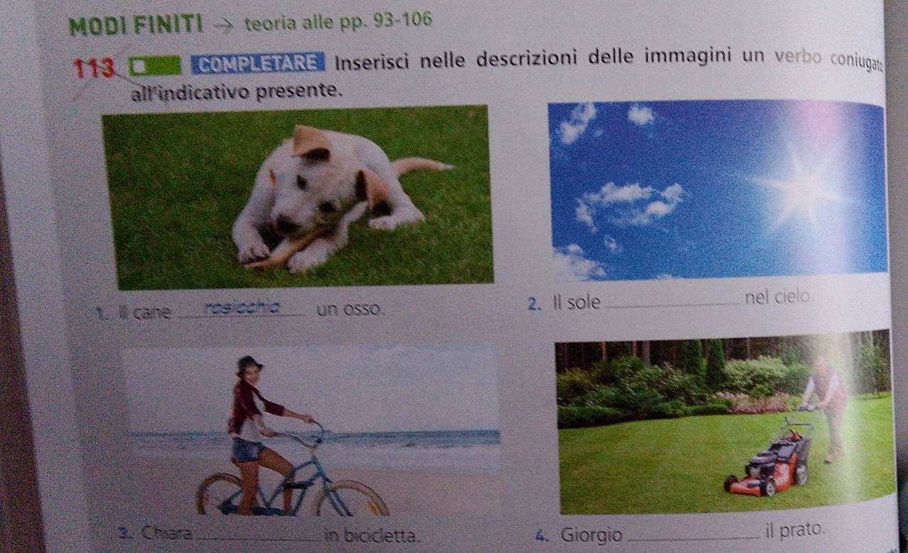 MODΙ FÍNΙTΙ teoria alle pp. 93-106 
113 COMPLE ARE Inserisci nelle descrizioni delle immagini un verbo coniugat 
all indicativo presente. 
1. ll cane __un osso. 2. Il sole_ 
chia 
nel cielo. 
3. Chiara _in bicicletta. 4. Giorgio _il prato.