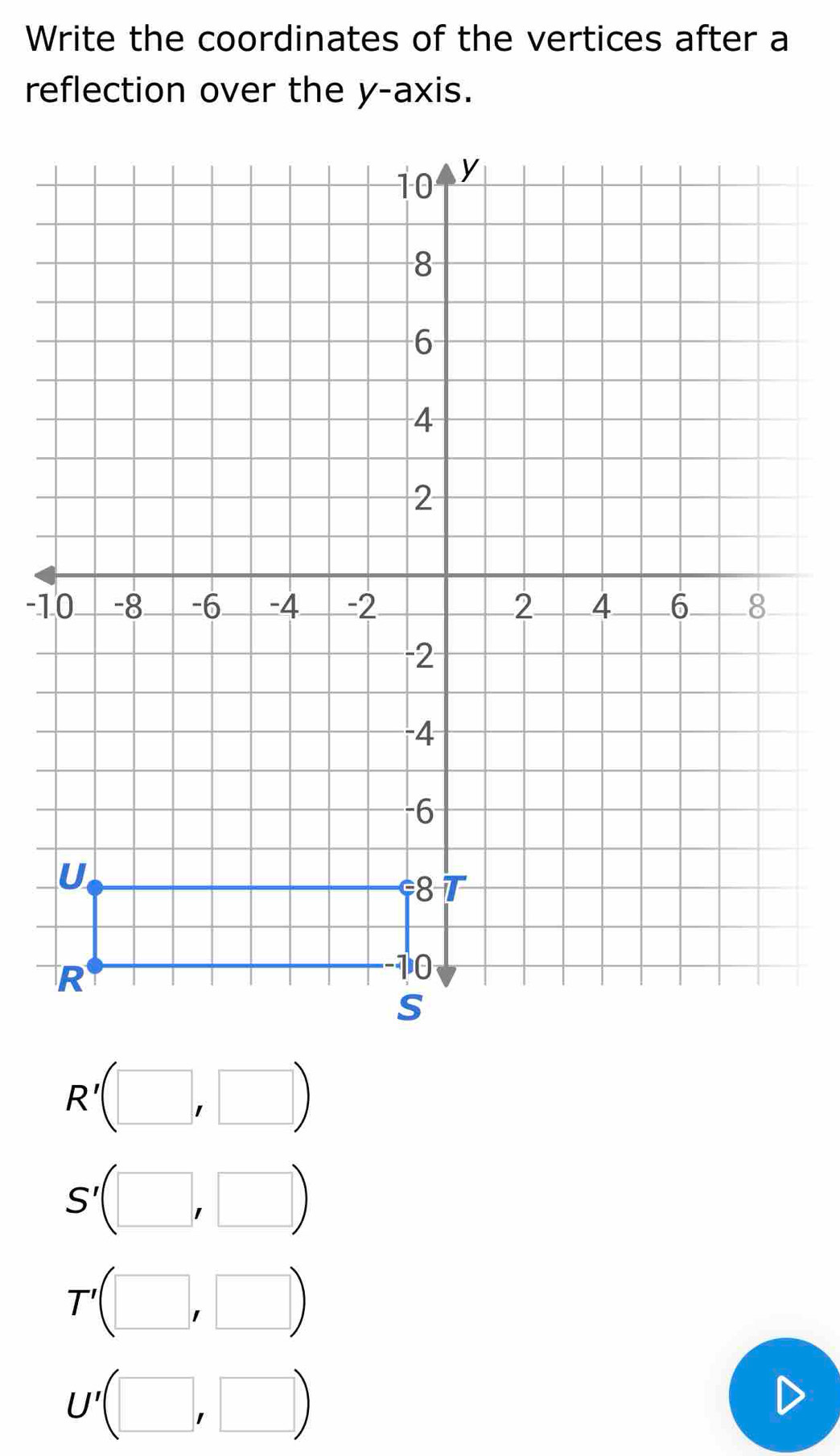 Write the coordinates of the vertices after a
reflection over the y-axis.
R'(□ ,□ )
S'(□ ,□ )
T'(□ ,□ )
U'(□ ,□ )