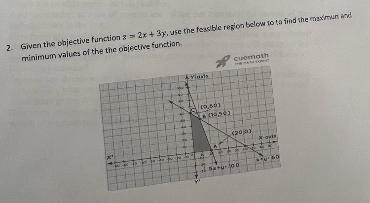 Given the objective function z=2x+3y r, use the feasible region below to to find the maximun and
minimum values of the the objective function.
cuemath
TH EXPERT