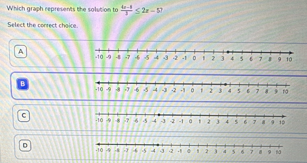 Which graph represents the solution to  (4x-8)/3 ≤ 2x-5 ?
Select the correct choice.
A
B
C
D