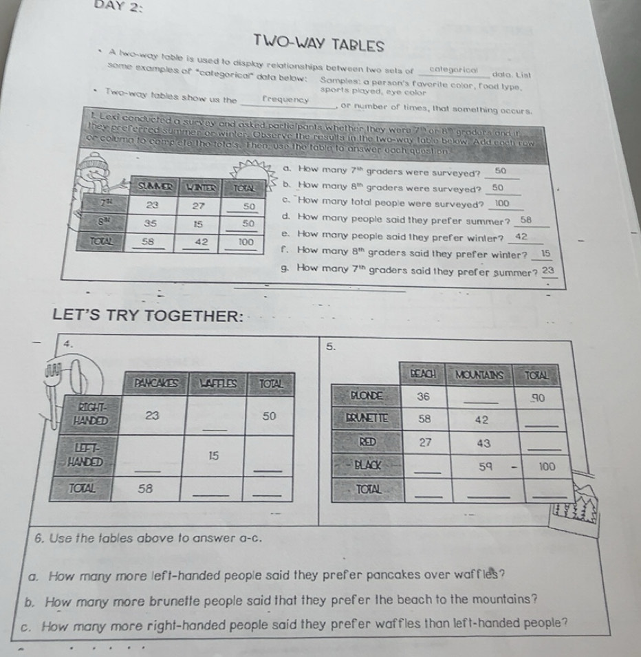 Solved: DAY 2: TWO-WAY TABLES * A two-way table is used to display ...