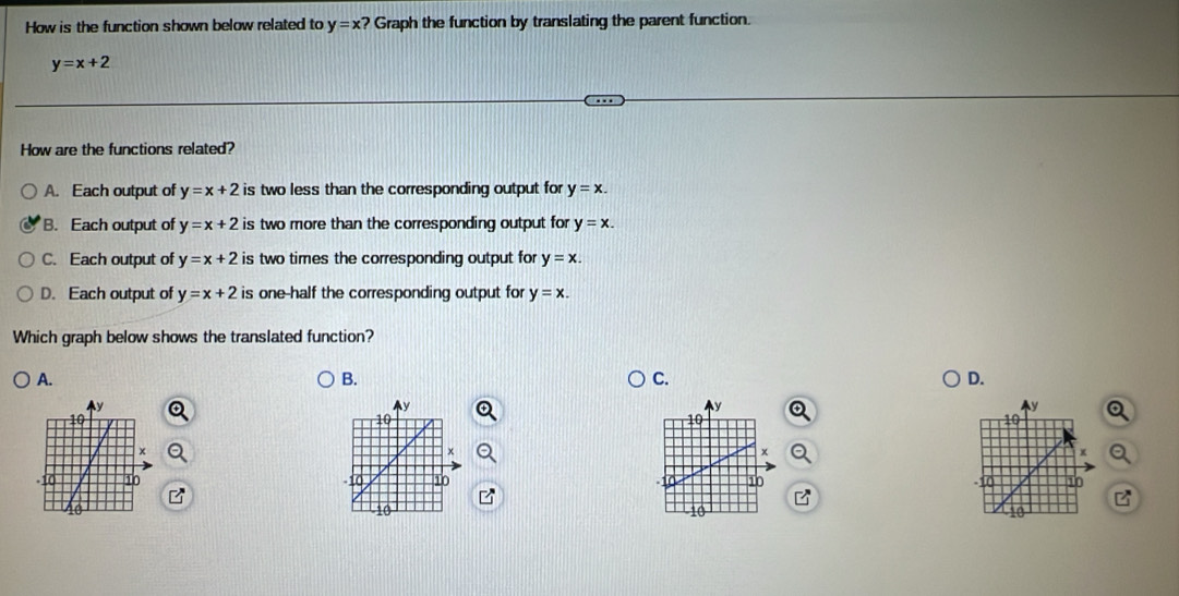 How is the function shown below related to y=x? Graph the function by translating the parent function.
y=x+2
How are the functions related?
A. Each output of y=x+2 is two less than the corresponding output for y=x.
B. Each output of y=x+2 is two more than the corresponding output for y=x.
C. Each output of y=x+2 is two times the corresponding output for y=x.
D. Each output of y=x+2 is one-half the corresponding output for y=x. 
Which graph below shows the translated function?
A.
B.
C.
D.