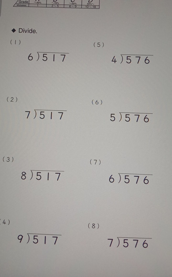 Divide.
(1)
(5 )
beginarrayr 6encloselongdiv 517endarray
beginarrayr 4encloselongdiv 576endarray
(2)
(6 )
beginarrayr 7encloselongdiv 517endarray
beginarrayr 5encloselongdiv 576endarray
(3)
(7 )
beginarrayr 8encloselongdiv 517endarray
beginarrayr 6encloselongdiv 576endarray
(4)
(8)
beginarrayr 9encloselongdiv 517endarray
beginarrayr 7encloselongdiv 576endarray