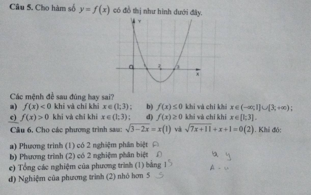 Cho hàm số y=f(x) có đồ thị như hình dưới đây.
Các mệnh đề sau đúng hay sai?
a) f(x)<0</tex> khi và chỉ khi x∈ (1;3) : b) f(x)≤ 0 khi và chỉ khi x∈ (-∈fty ;1]∪ [3;+∈fty ) :
c) f(x)>0 khi và chỉ khi x∈ (1;3); d) f(x)≥ 0 khi và chỉ khi x∈ [1;3]. 
Câu 6. Cho các phương trình sau: sqrt(3-2x)=x(1) và sqrt(7x+11)+x+1=0(2). Khi đó:
a) Phương trình (1) có 2 nghiệm phân biệt
b) Phương trình (2) có 2 nghiệm phân biệt
c) Tổng các nghiệm của phương trình (1) bằng
d) Nghiệm của phương trình (2) nhỏ hơn 5